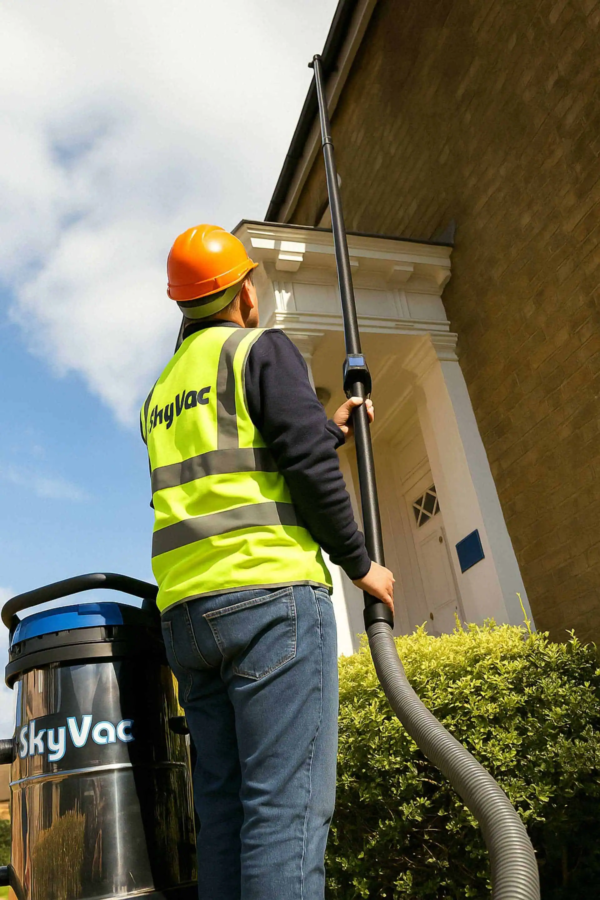 Primgaard technician clearing gutters with high-reach SkyVac system at Surrey home